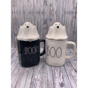 Rae Dunn Halloween Boo and Spooky Mugs with Ghost Toppers  Black and White HTF